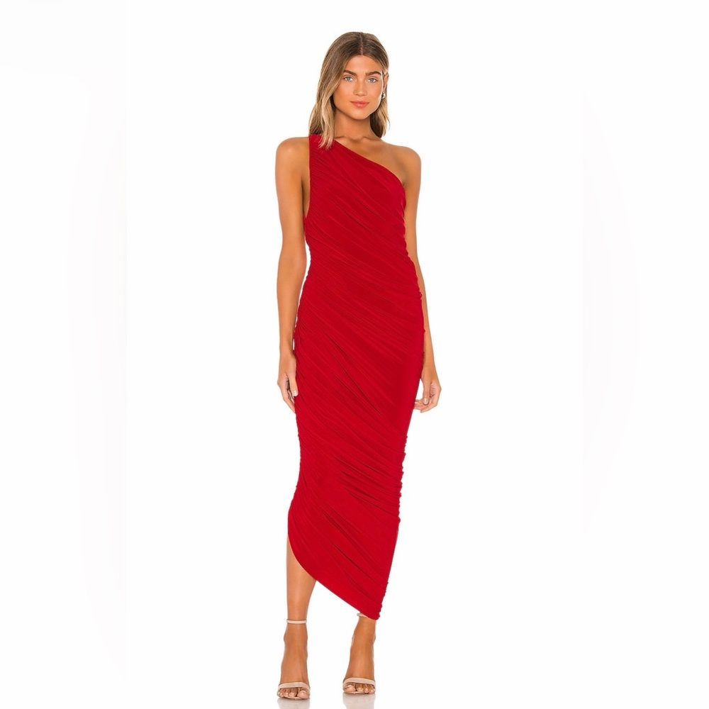 Norma Kamali One-Shoulder Red Ruched Midi Dress